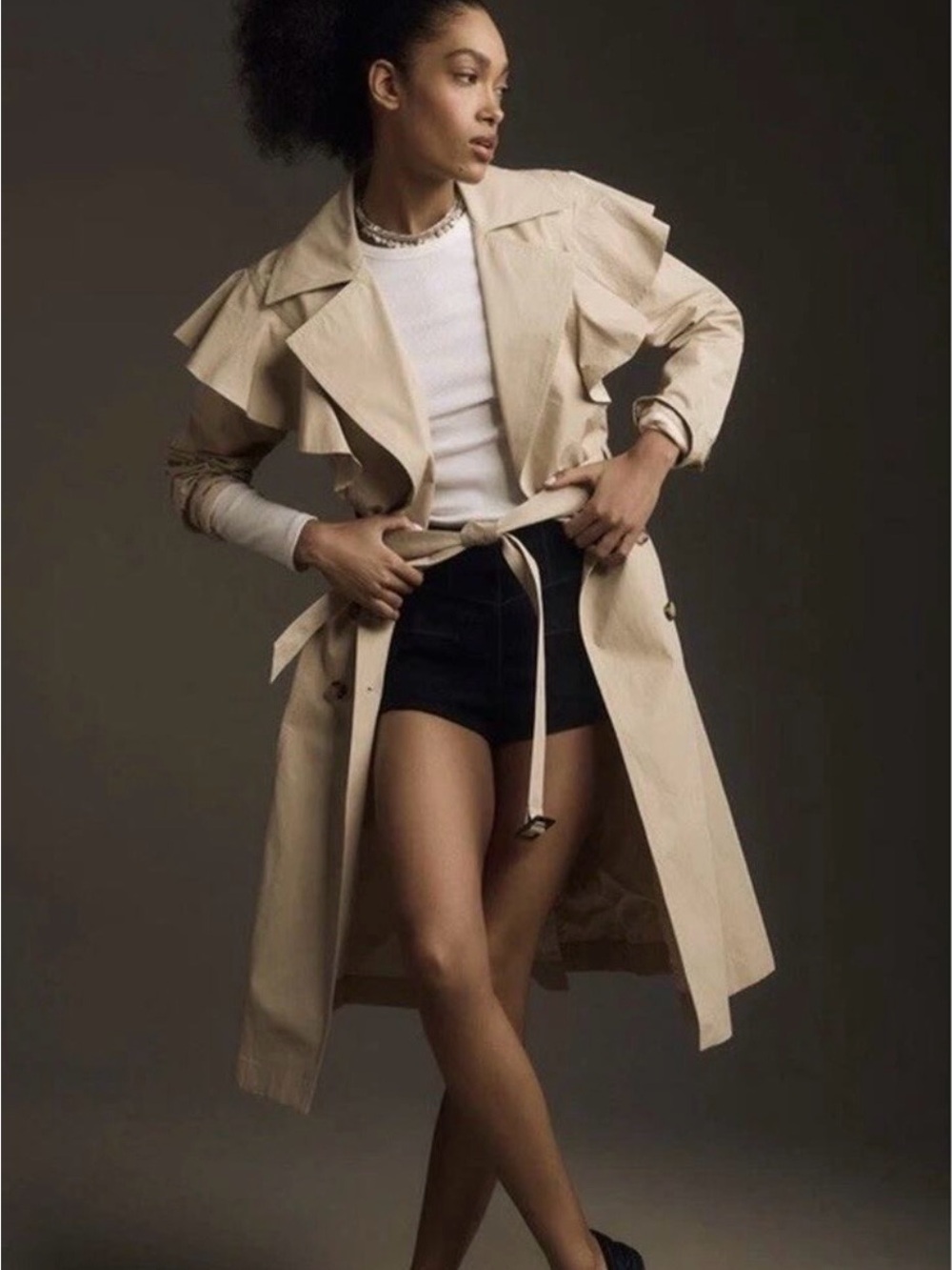 Anthropologie Beige Ruffled Shoulder Belted Khaki Tan Trench Coat